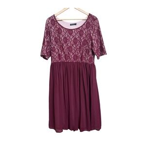 Mikarose Burgundy Lace Chiffon Modest Midi Dress XL Short Sleeve Fit & Flare